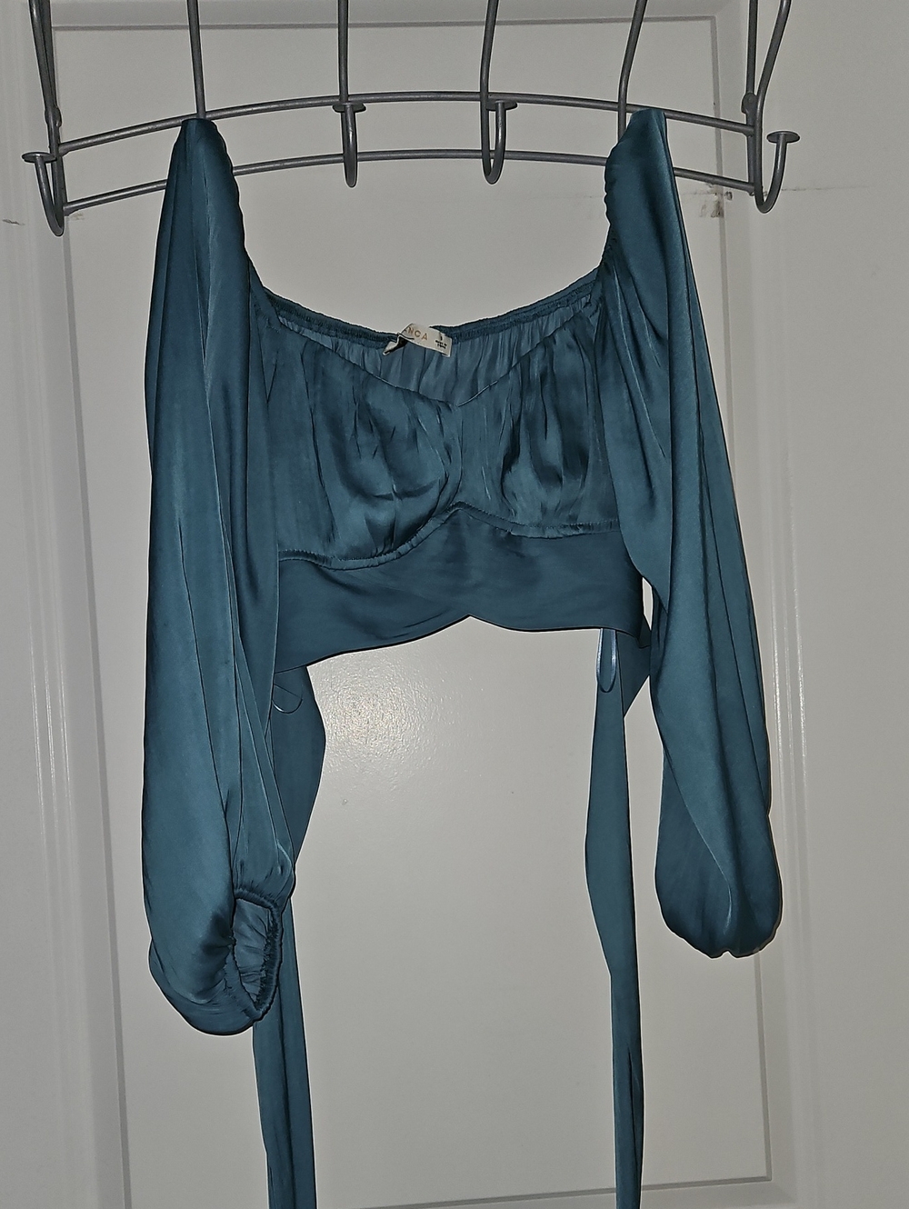 Teal Long Sleeve Satin Crop Top - Small